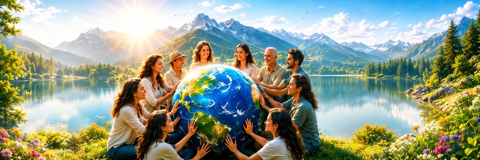 Grupo de personas reunidas alrededor del planeta Tierra en la naturaleza