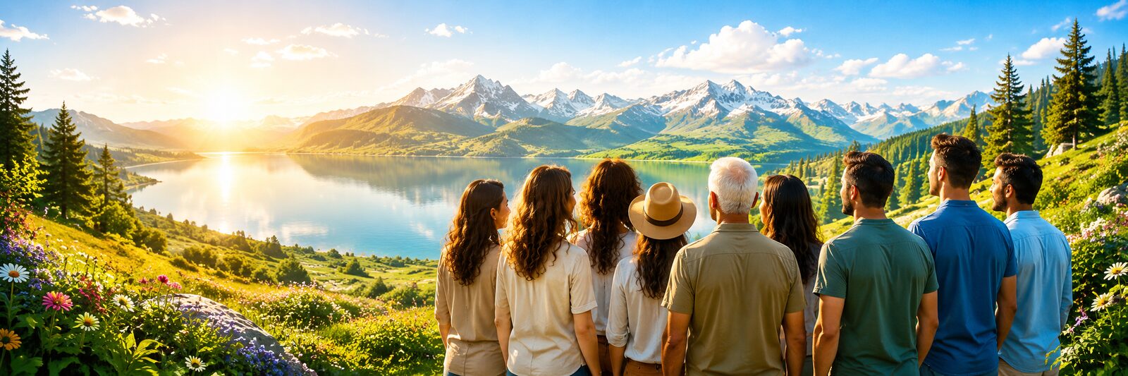 Grupo de personas contemplando un paisaje de montañas y lago