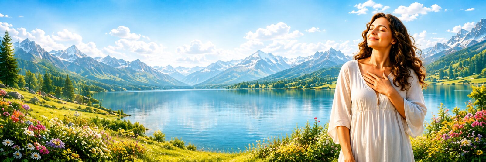 Mujer respirando profundamente frente a un lago entre montañas